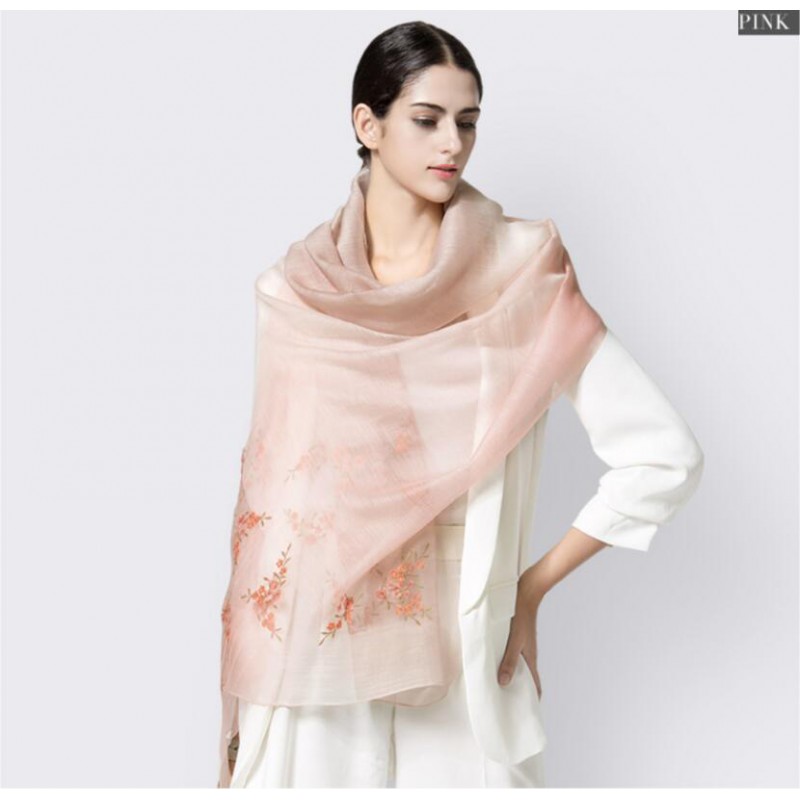 Wool Silk Scaves Red Pinkish Embroidery Women Summer Scarf